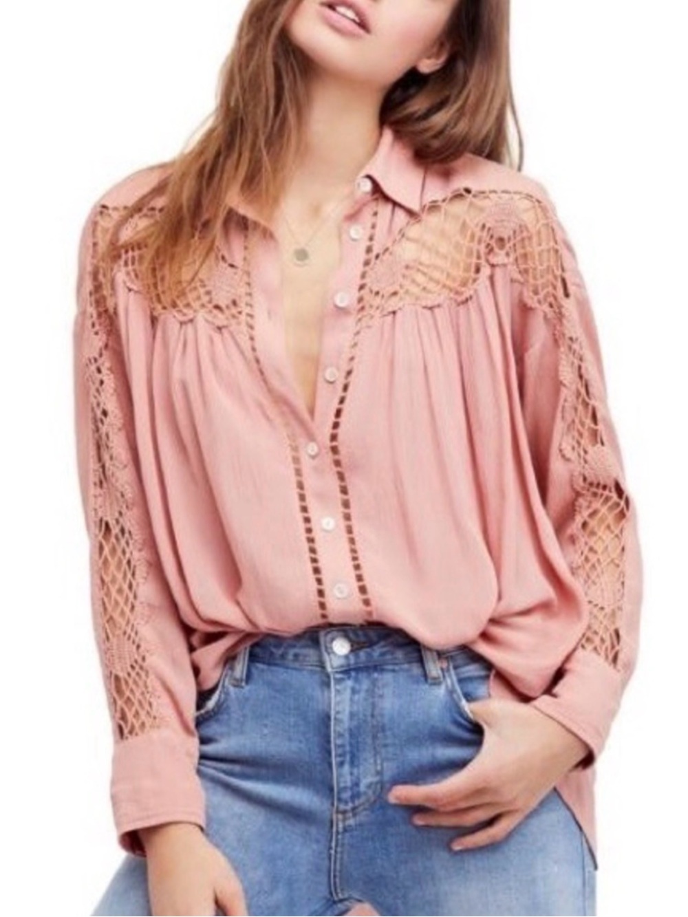 Free People Dusty Pink Crochet-Inset Button Front Blouse